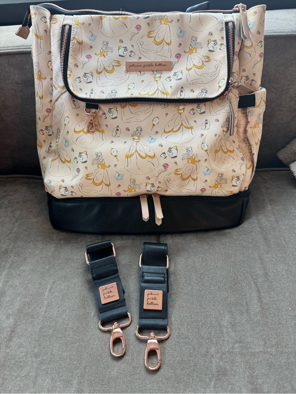 Petunia Pickle Bottom Disney Diaper Backpack - Belle + Stroller Clips